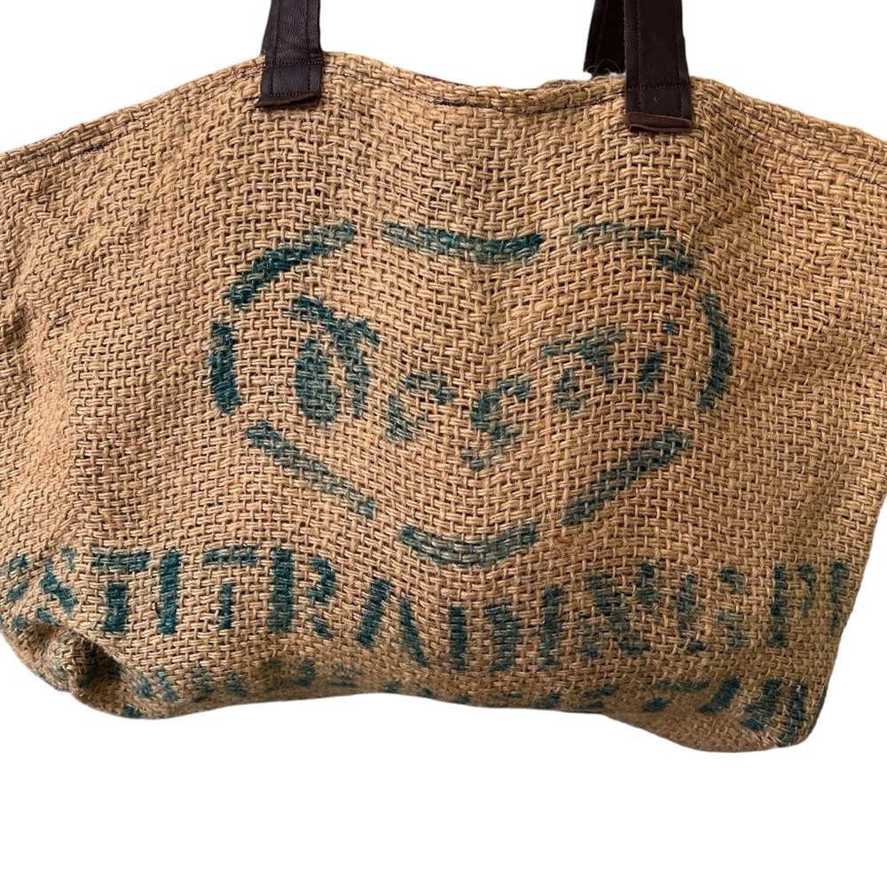 Handmade upcycled burlap market tote fully lined faux leather straps pocket - Picture 4 of 8